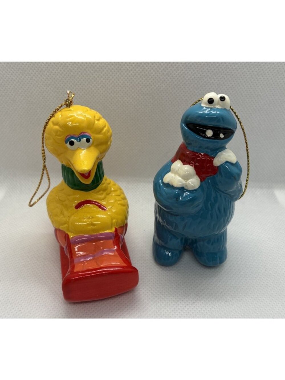 Vintage Sesame Street Big Bird & Cookie Monster Ceramic Christmas Ornaments Set